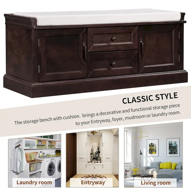 Storage Bench with 2 Drawers and 2 Cabinets, Shoe Bench with Removable Cushion for Living Room, Entryway