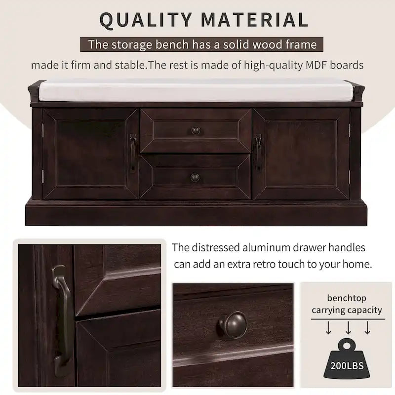 Storage Bench with 2 Drawers and 2 Cabinets, Shoe Bench with Removable Cushion for Living Room, Entryway