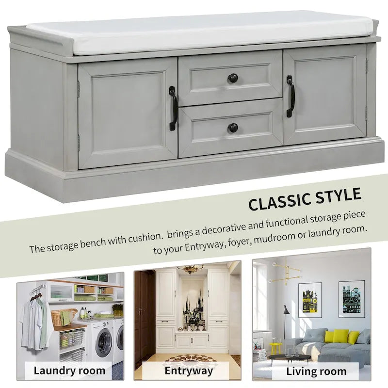 Storage Bench with 2 Drawers and 2 Cabinets, Shoe Bench with Removable Cushion for Living Room, Entryway