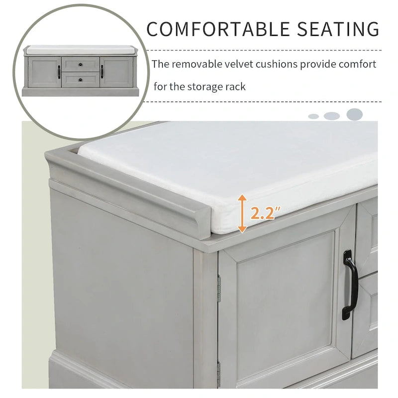 Storage Bench with 2 Drawers and 2 Cabinets, Shoe Bench with Removable Cushion for Living Room, Entryway
