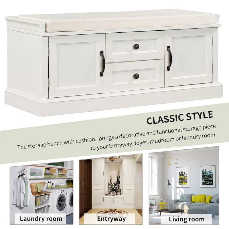 Storage Bench with 2 Drawers and 2 Cabinets, Shoe Bench with Removable Cushion for Living Room, Entryway