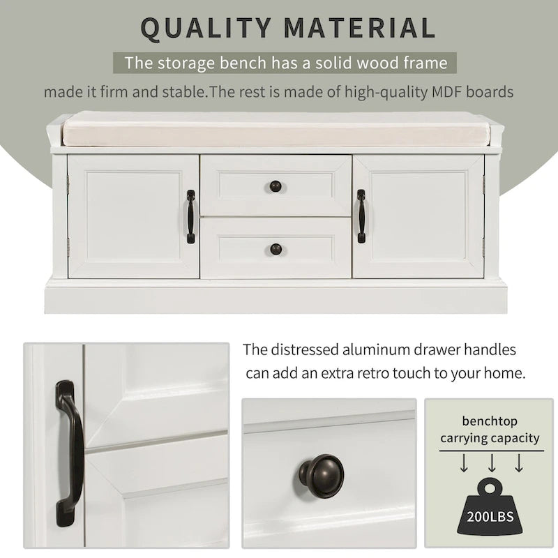 Storage Bench with 2 Drawers and 2 Cabinets, Shoe Bench with Removable Cushion for Living Room, Entryway