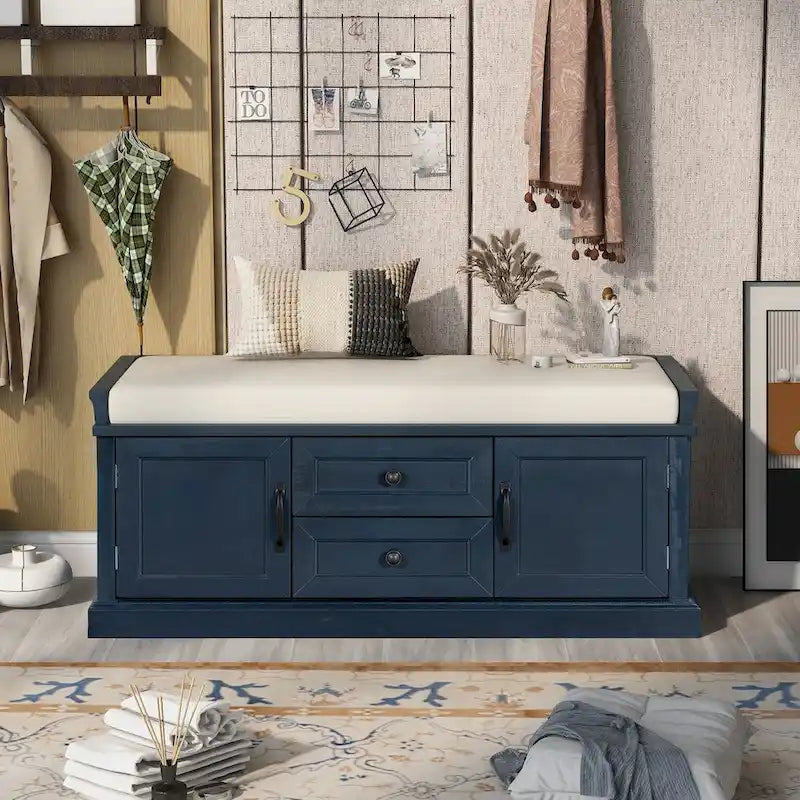 Storage Bench with 2 Drawers and 2 Cabinets, Shoe Bench with Removable Cushion for Living Room, Entryway