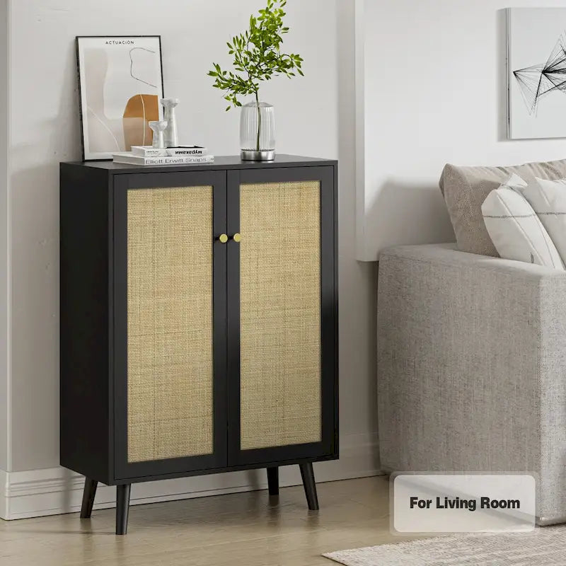 Anmytek Modern 2-Door Black Buffet Sideboard Storage Cabinet Accent Cabinet with Adjustable Shelves - 31.5W x 13.4D x 44H