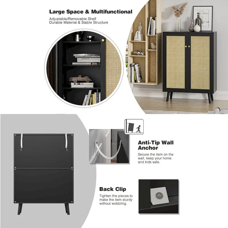 Modern 2-Door Black Buffet Sideboard Storage Cabinet Accent Cabinet with Adjustable Shelves - 31.5W x 13.4D x 44H