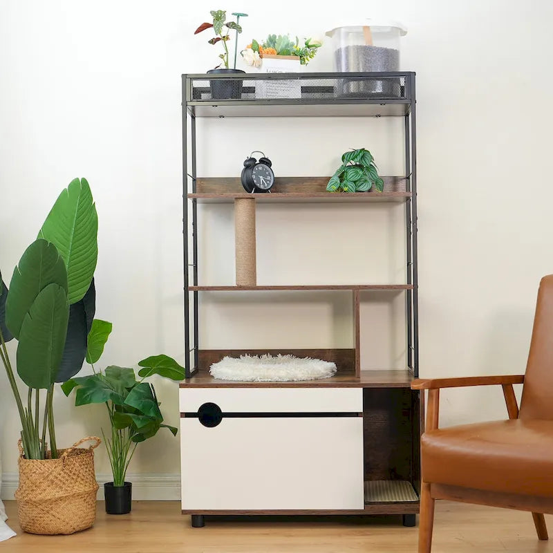 Cat Litter Box Enclosure with Shelves,Hidden Litter Box with Scratching Posts, litter box furniture,Wooden Cat tree