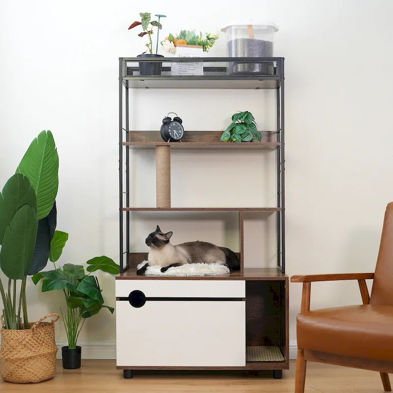 Cat Litter Box Enclosure with Shelves,Hidden Litter Box with Scratching Posts, litter box furniture,Wooden Cat tree