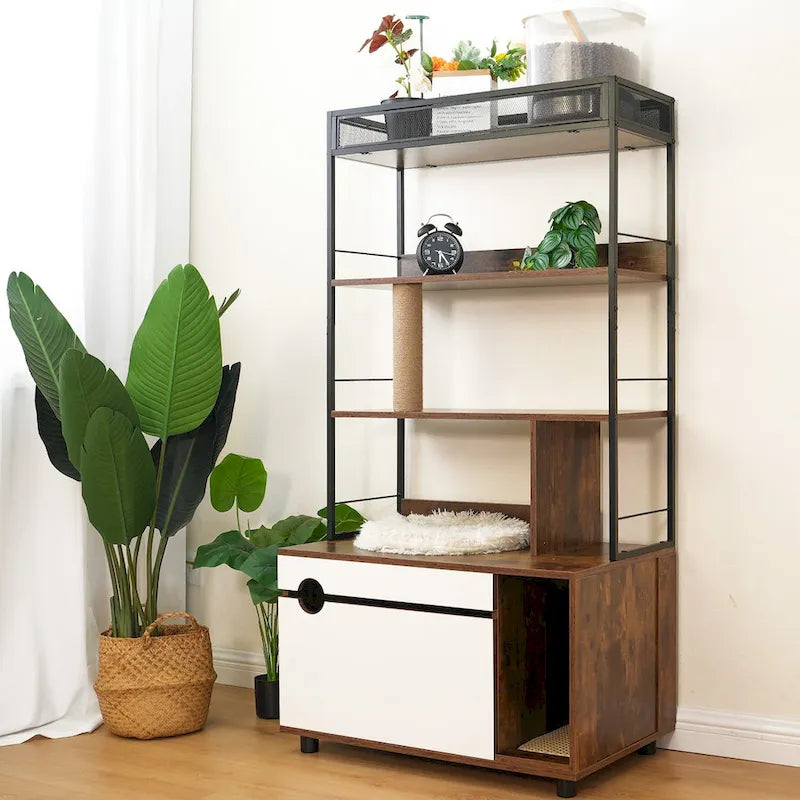 Cat Litter Box Enclosure with Shelves,Hidden Litter Box with Scratching Posts, litter box furniture,Wooden Cat tree