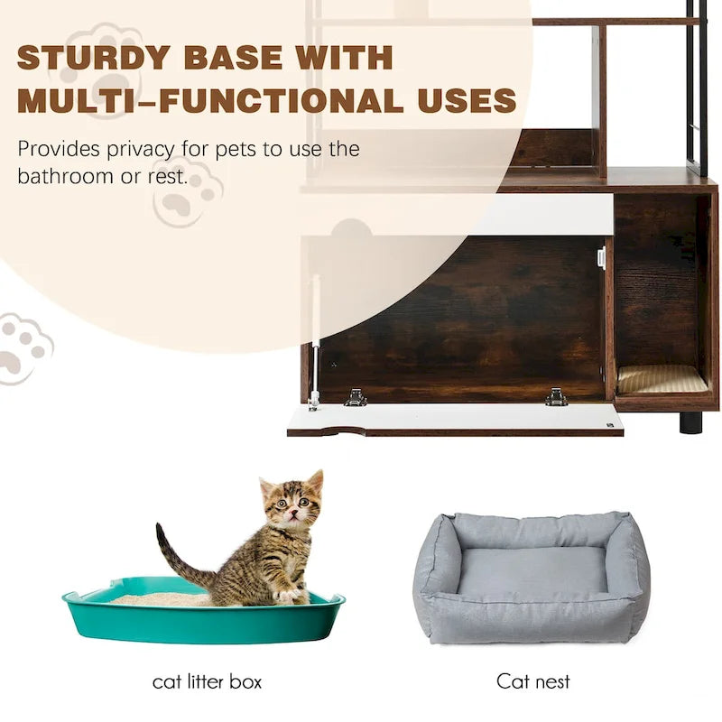 Cat Litter Box Enclosure with Shelves,Hidden Litter Box with Scratching Posts, litter box furniture,Wooden Cat tree