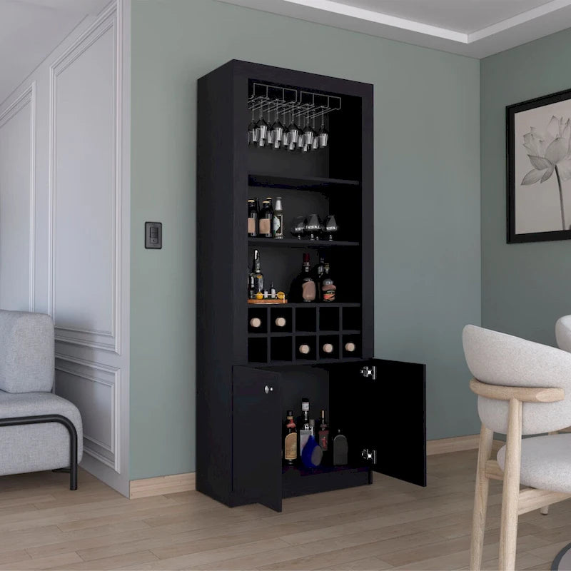 74Tall 4-Tier Modern Bar Cabinet with Glass Holder Stemware Rack,Wine Cabinet,Liquor Cabinet,10 Bottle Cubbies and 4 Shelves