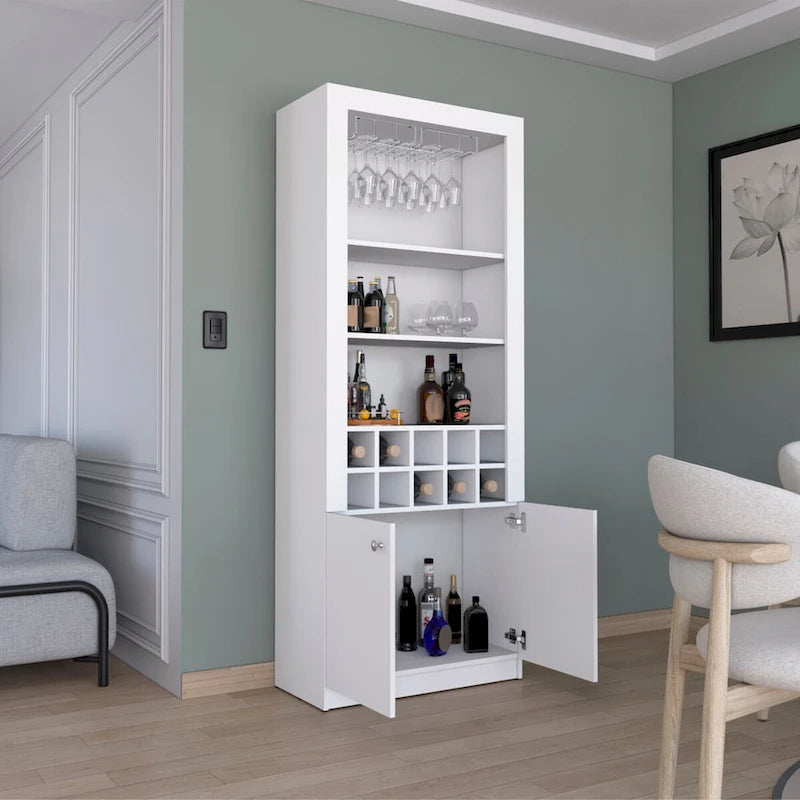 74Tall 4-Tier Modern Bar Cabinet with Glass Holder Stemware Rack,Wine Cabinet,Liquor Cabinet,10 Bottle Cubbies and 4 Shelves
