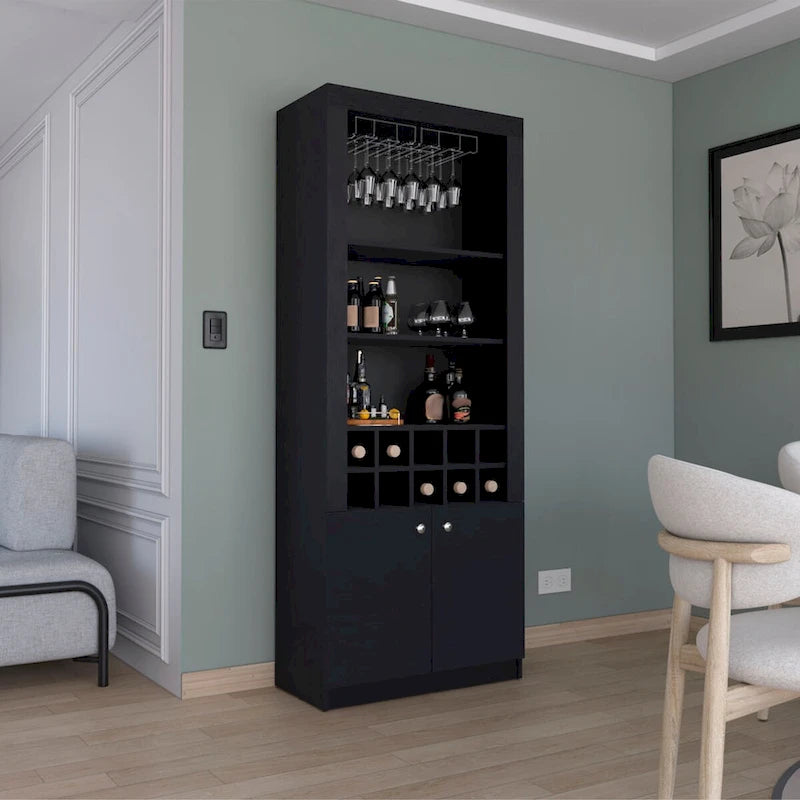 74Tall 4-Tier Modern Bar Cabinet with Glass Holder Stemware Rack,Wine Cabinet,Liquor Cabinet,10 Bottle Cubbies and 4 Shelves