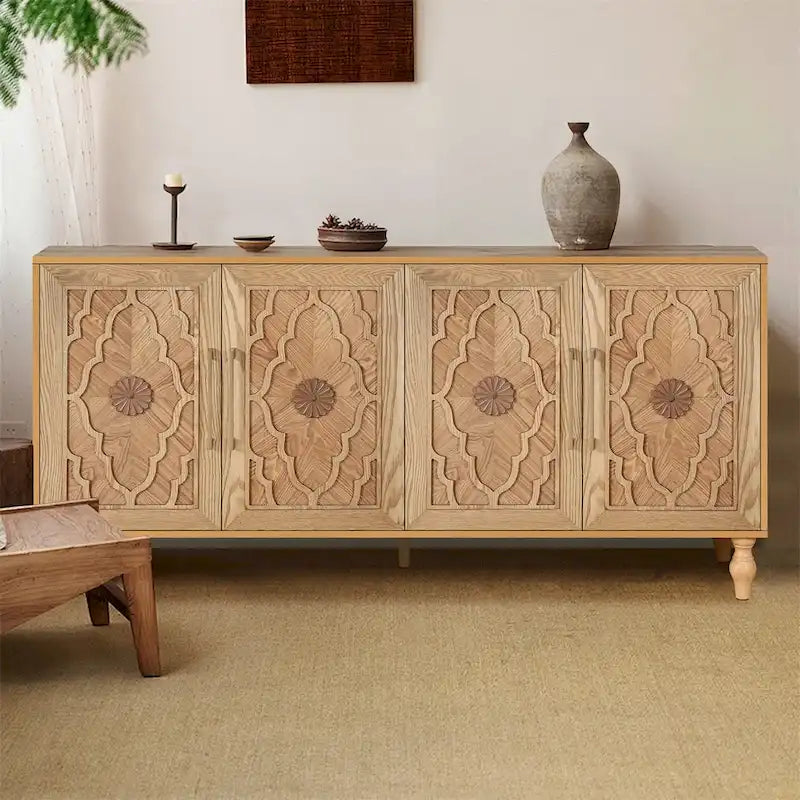 Carved Flower Door Large Storage Cabinet With Metal Handle