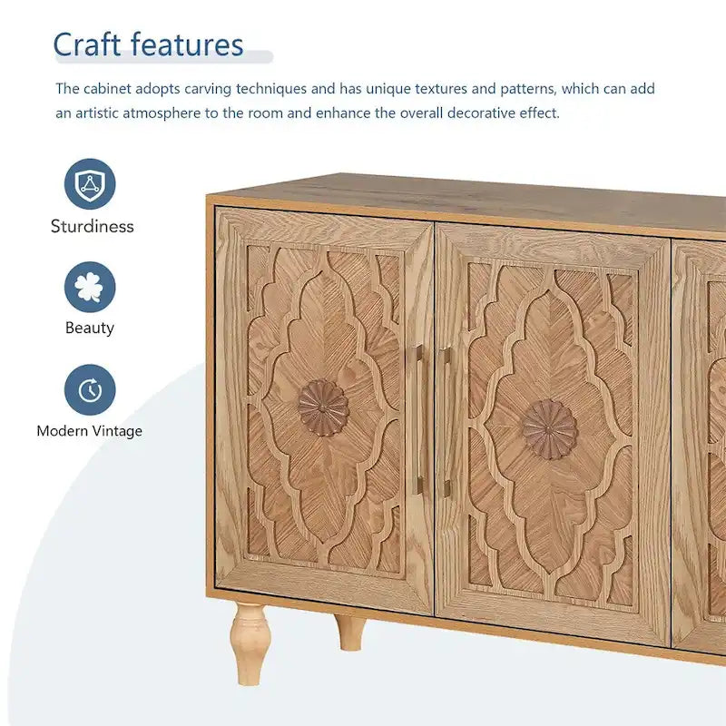Carved Flower Door Large Storage Cabinet With Metal Handle