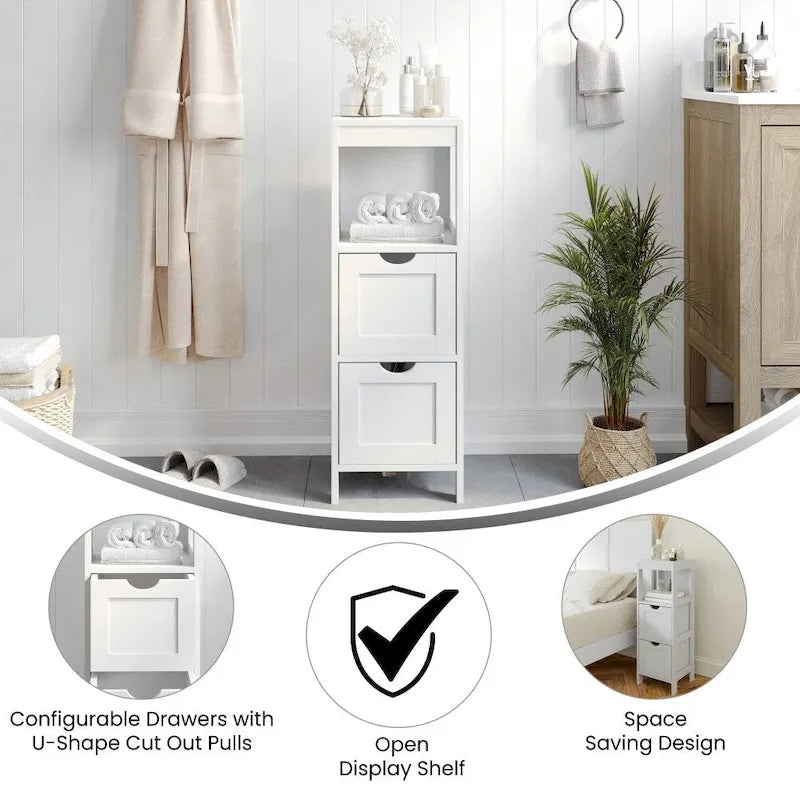 Floor Cabinet Storage Organizer with 2 Drawers, Open Shelf, and Foot Pads
