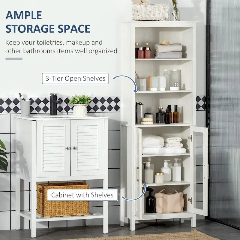 Tall Bathroom Storage Cabinet with 3 Tier Shelf, Glass Door Cabinet,Freestanding Linen Tower with Adjustable Shelves