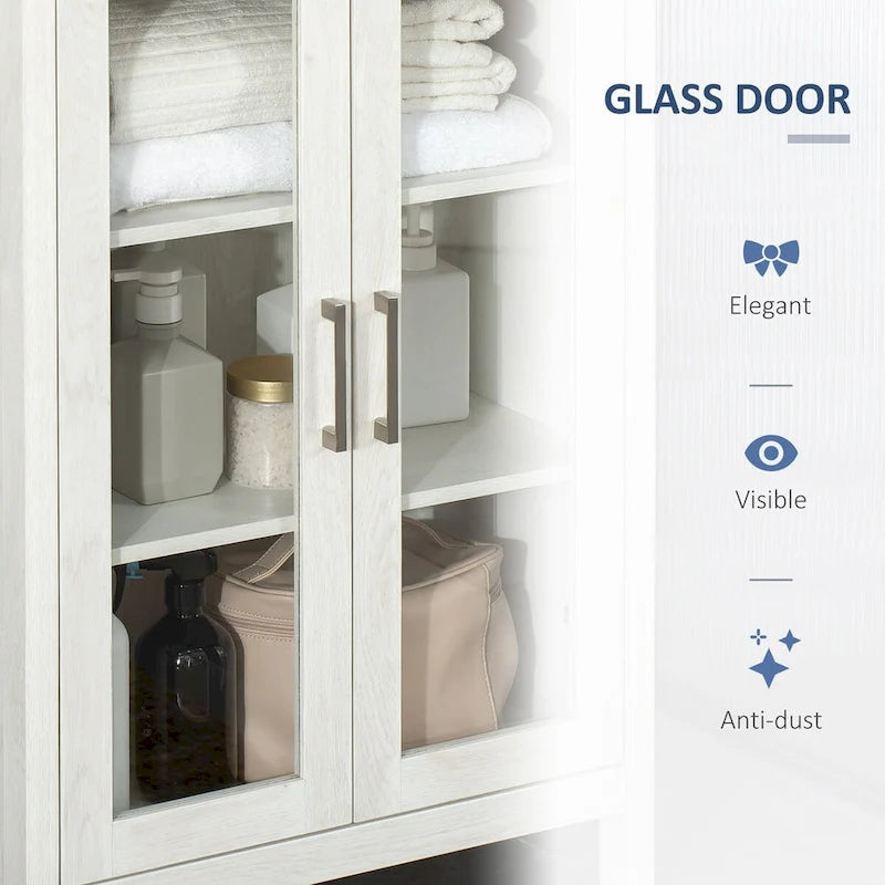 Tall Bathroom Storage Cabinet with 3 Tier Shelf, Glass Door Cabinet,Freestanding Linen Tower with Adjustable Shelves