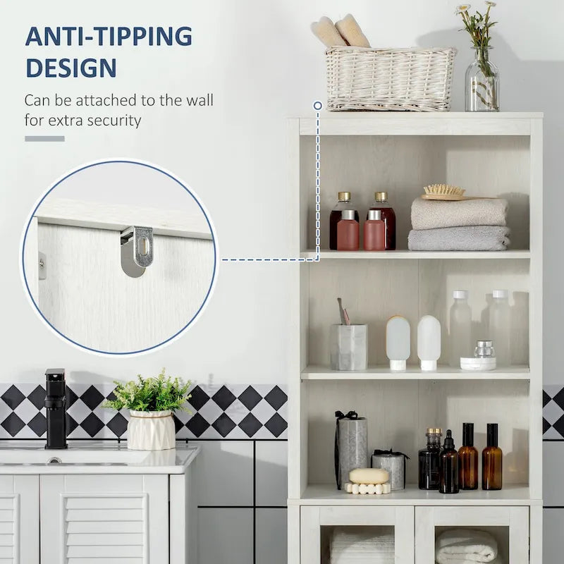 Tall Bathroom Storage Cabinet with 3 Tier Shelf, Glass Door Cabinet,Freestanding Linen Tower with Adjustable Shelves