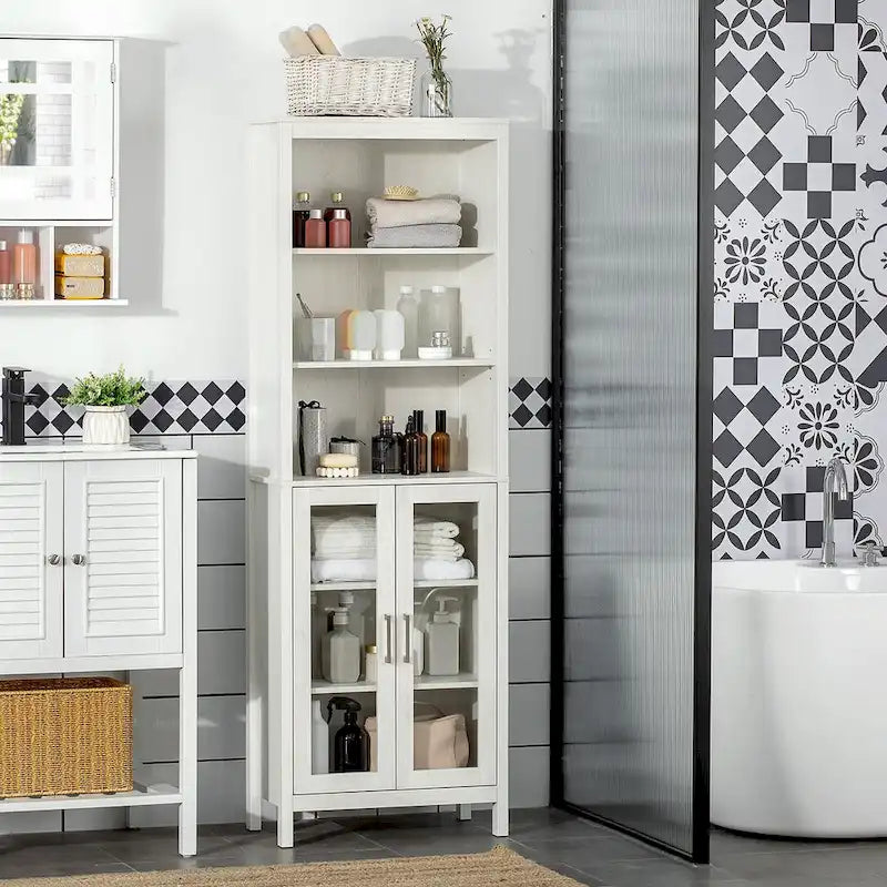 Tall Bathroom Storage Cabinet with 3 Tier Shelf, Glass Door Cabinet,Freestanding Linen Tower with Adjustable Shelves