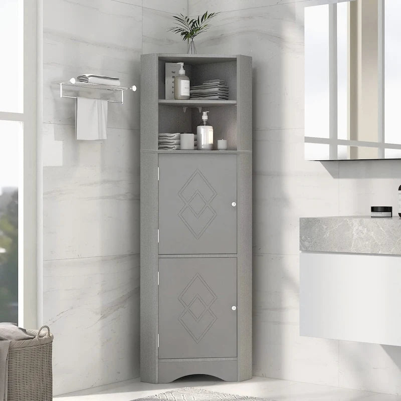 Tall Bathroom Corner Cabinet, Freestanding Storage Cabinet with Doors and Adjustable Shelves
