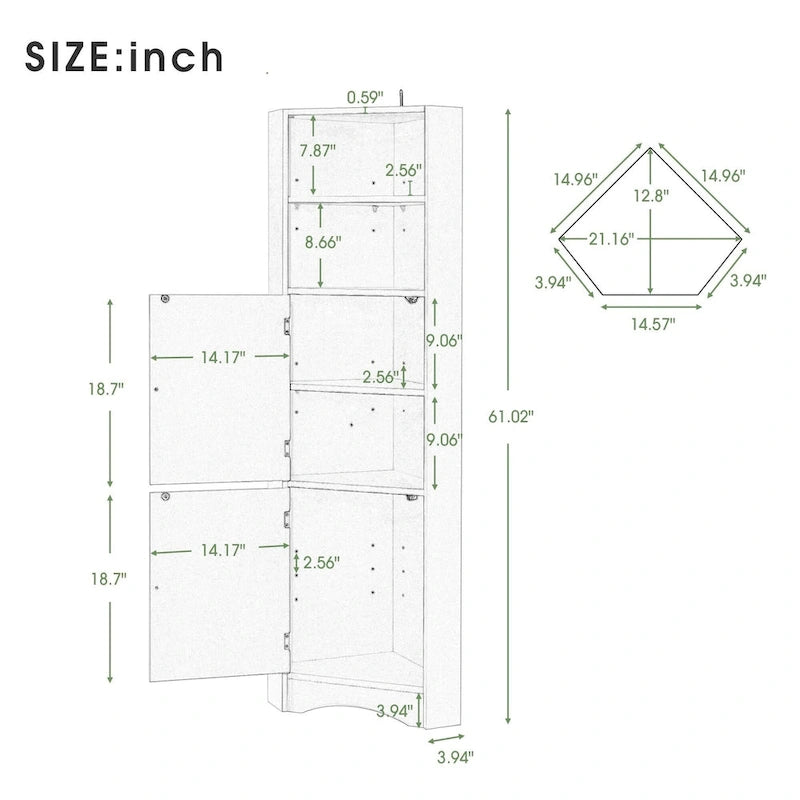 Tall Bathroom Corner Cabinet, Freestanding Storage Cabinet with Doors and Adjustable Shelves