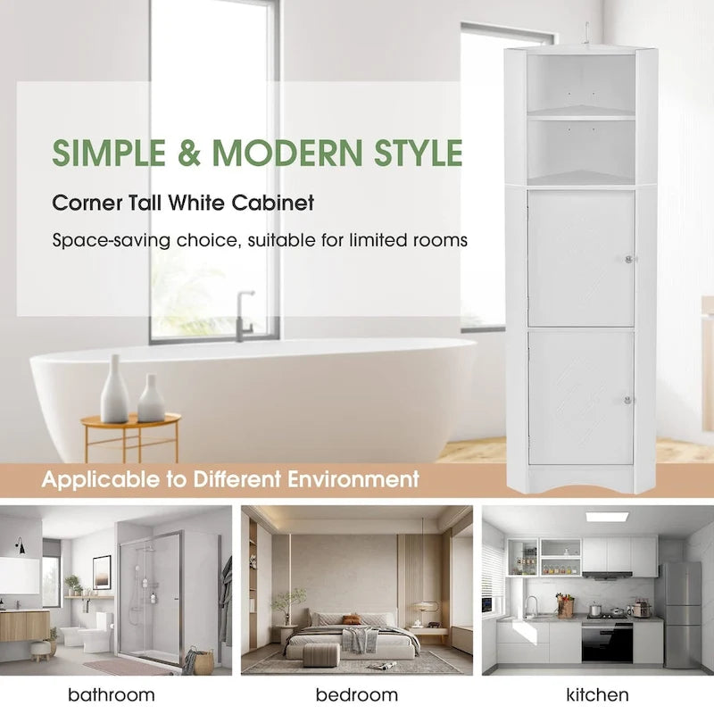 Tall Bathroom Corner Cabinet, Freestanding Storage Cabinet with Doors and Adjustable Shelves