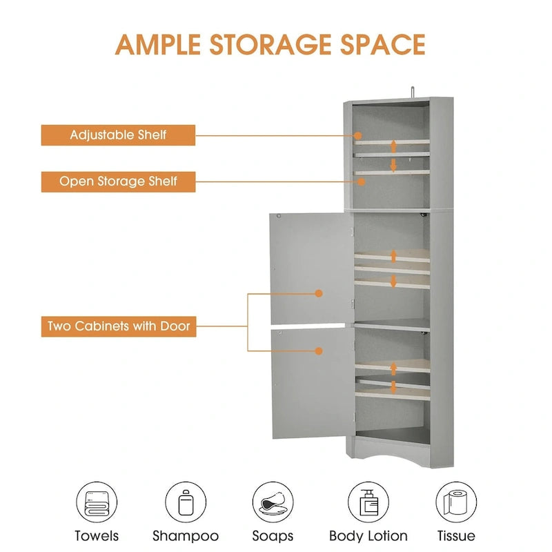 Tall Bathroom Corner Cabinet, Freestanding Storage Cabinet with Doors and Adjustable Shelves