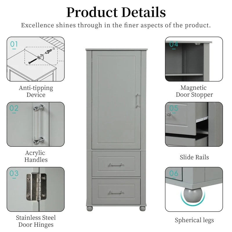 Tall Bathroom Storage Cabinet with Two Drawers and Adjustable Shelf