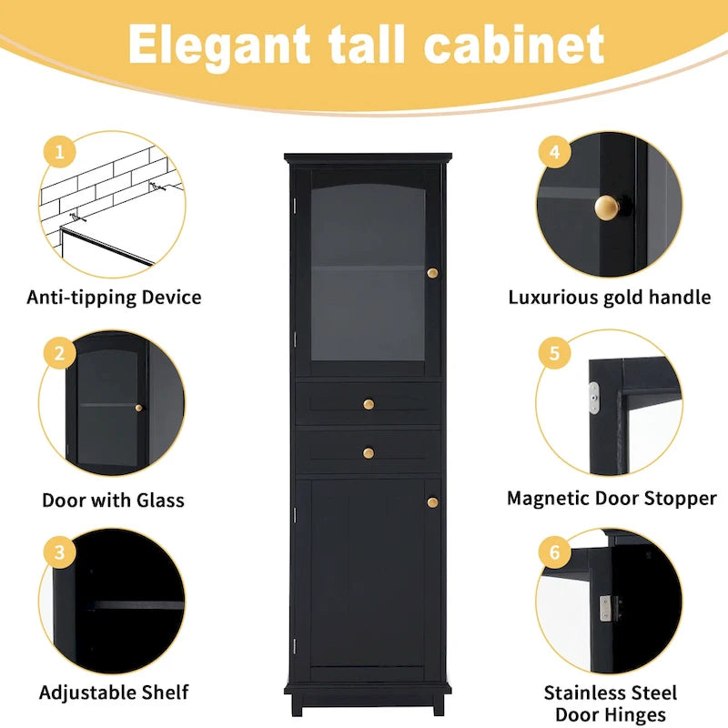 Tall Bathroom Storage Cabinet with Glass Doors