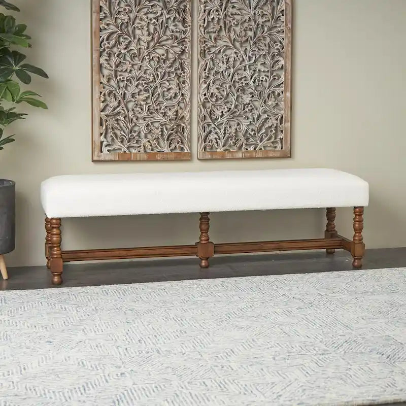 Fabric Home Bench with Brown Traditional Wood Turned Legs - Cream