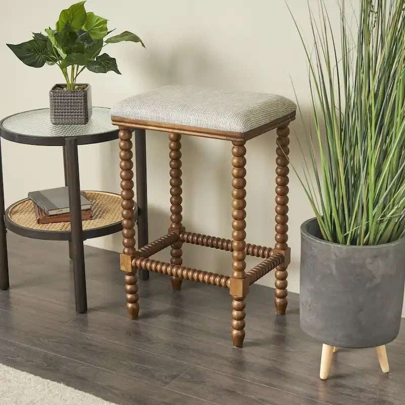 Fabric Home Bench with Brown Traditional Wood Turned Legs - Cream